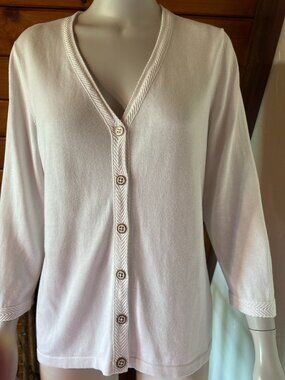 Talbots White Cotton Cardigan L Coastal Grandmother Quiet Luxury Preppy